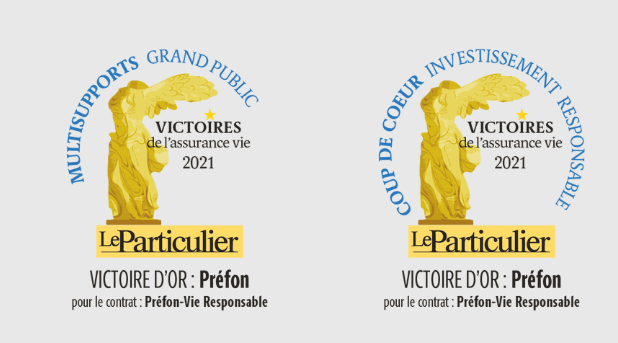 Logos Victoire d'Or 2021 de l'assurance vie multisupports grand public et coup de cœur investissement responsable